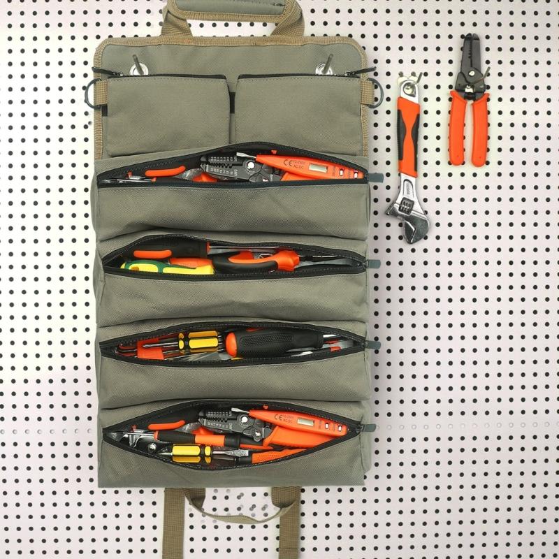 Werkzeugrolle Tasche Leinwand Werkzeugtasche Aufrollbare Tasche Kleine Werkzeugtasche mit 4 Reißverschlusstaschen Verschleißfeste Werkzeug-Transporttasche Werkzeug