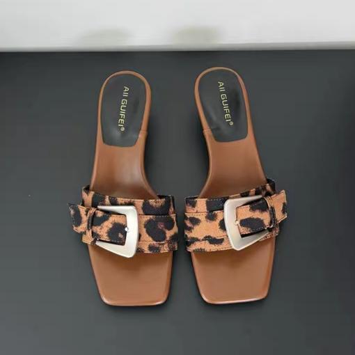 Fashion Leopard Buckle Slippers Loafers Shoes Woman Square Toe Women Heeled Sandals 2025 Trend Shallow Summer Flip Flops Casual Slides