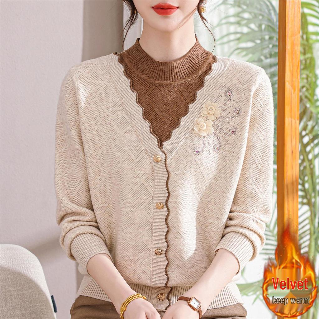 Women's Winter Knit Sweater with Fleece Lining, Faux Two-Piece, Thickened & Warm
