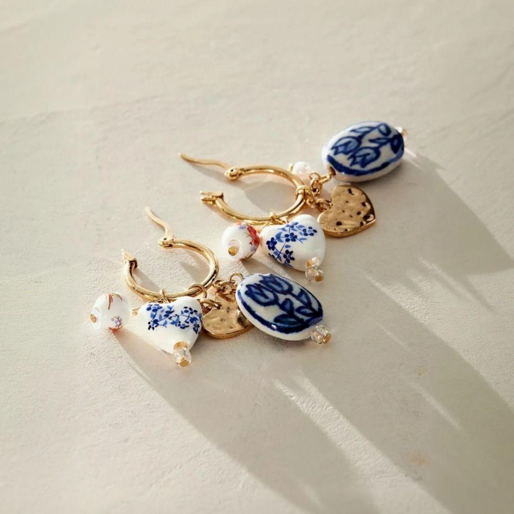 Zinc Zinc Alloy Blue and White Porcelain Earrings Jewelry Accessories Hoop Earrings Ceramic Ear Buckle  Party