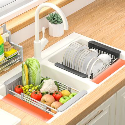 Cesta de Drenagem para Pia de Aço Inoxidável Yousheng com Suporte Expansível Ajustável Multifuncional Bandeja para Secar Louça e Lavar Vegetais na Cozinha Antiderrapante