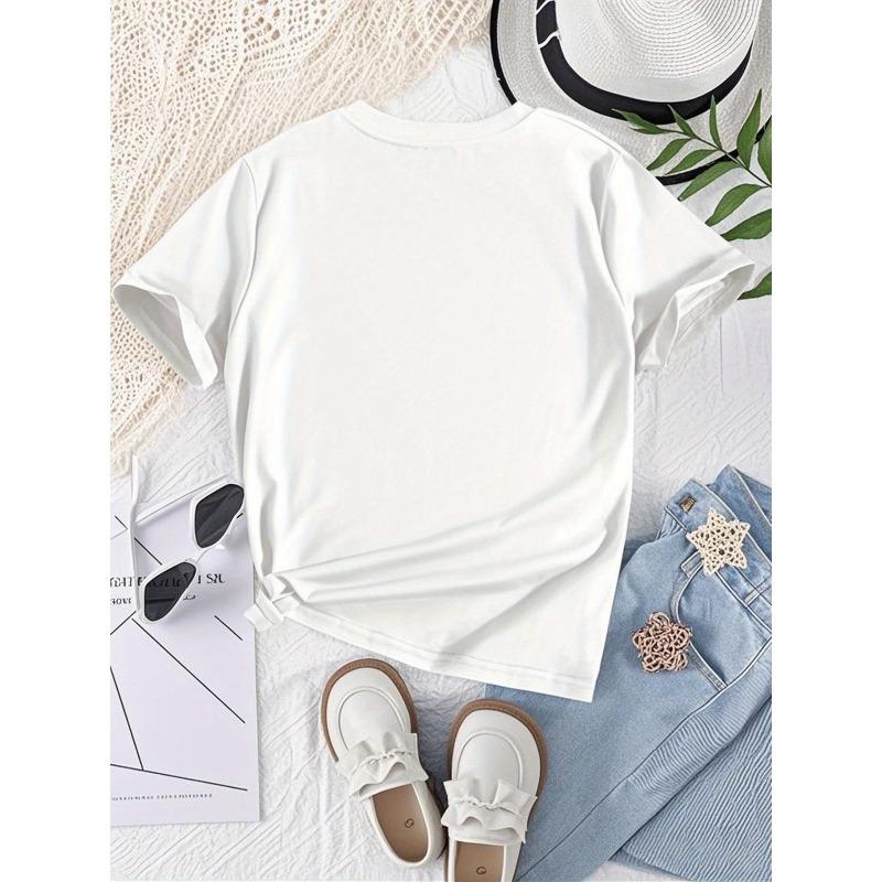 European Sizes Girls' Stylish Casual Print T-Shirt, Round Neck, Short Sleeves, with a Slight Stretch In The Fabric, Minimalist Style