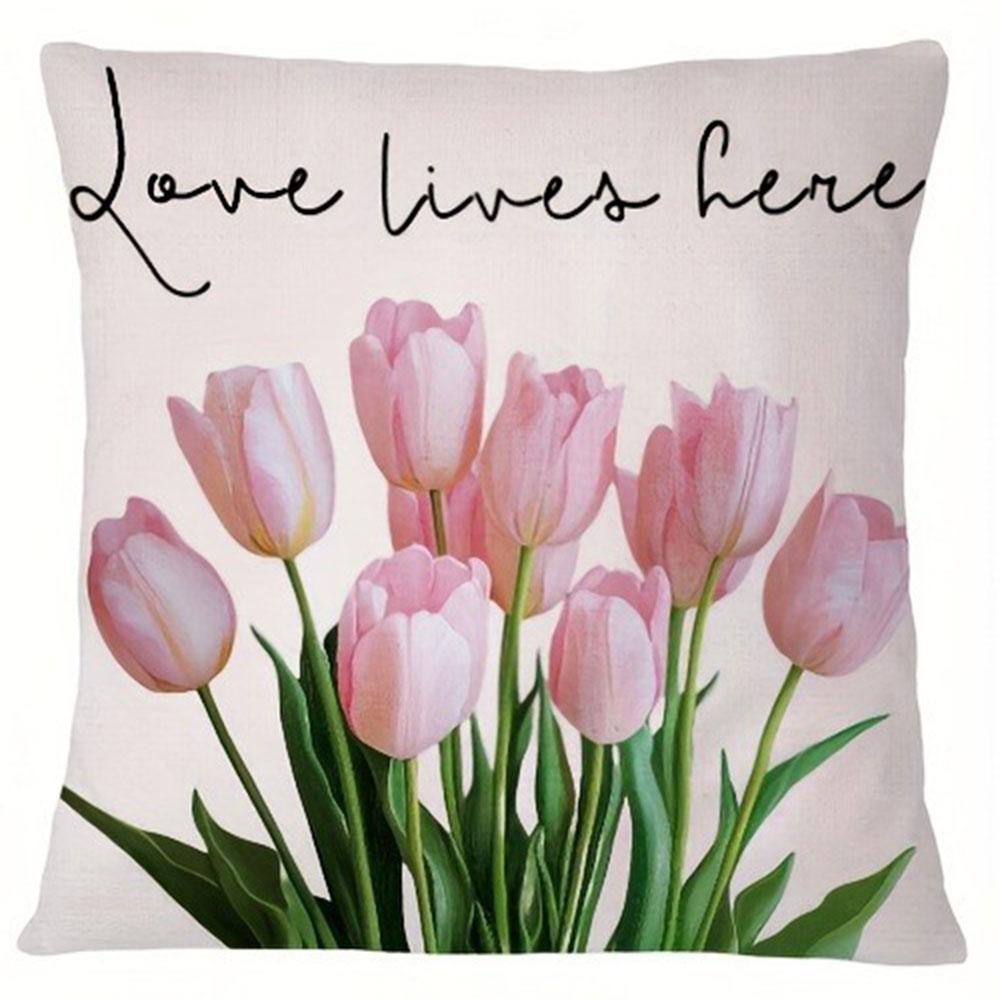 Pink Tulip Warm - Themed Pillowcase PillowcaseBedroom Living Room Sofa Home Decor Polyester Cushion Cover with Zipper
