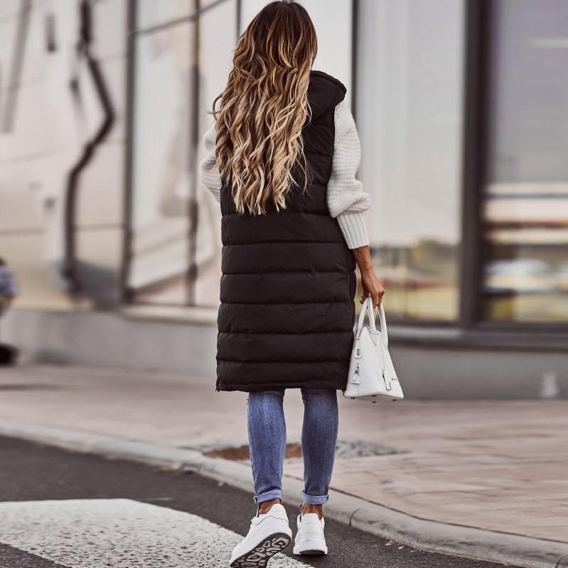 New European & American Fashion: Women's Solid Color Hooded Slim-Fit Sleeveless Mid-Length Cotton Vest