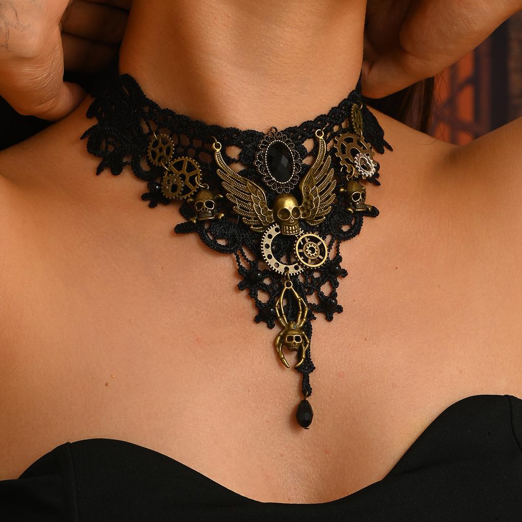 Gothic Lace Choker, Antique Bronze Gear Skull Pendant Dark Style Neck Collar