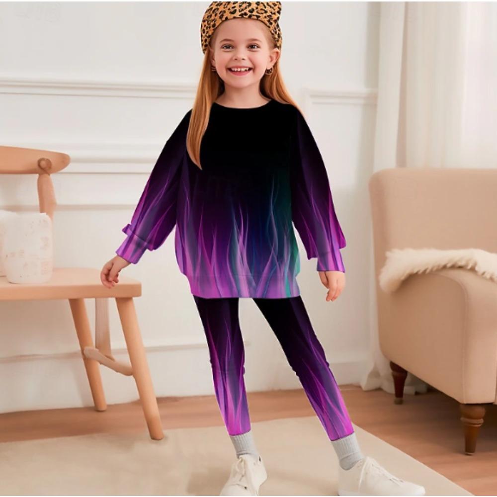 Girls' Aurora Ombre Casual Comfortable Soft Loose Pullover Sweatshirt and Leggings 2-Piece Set, New Autumn/Winter, Playful, Sweet and Cool Style
