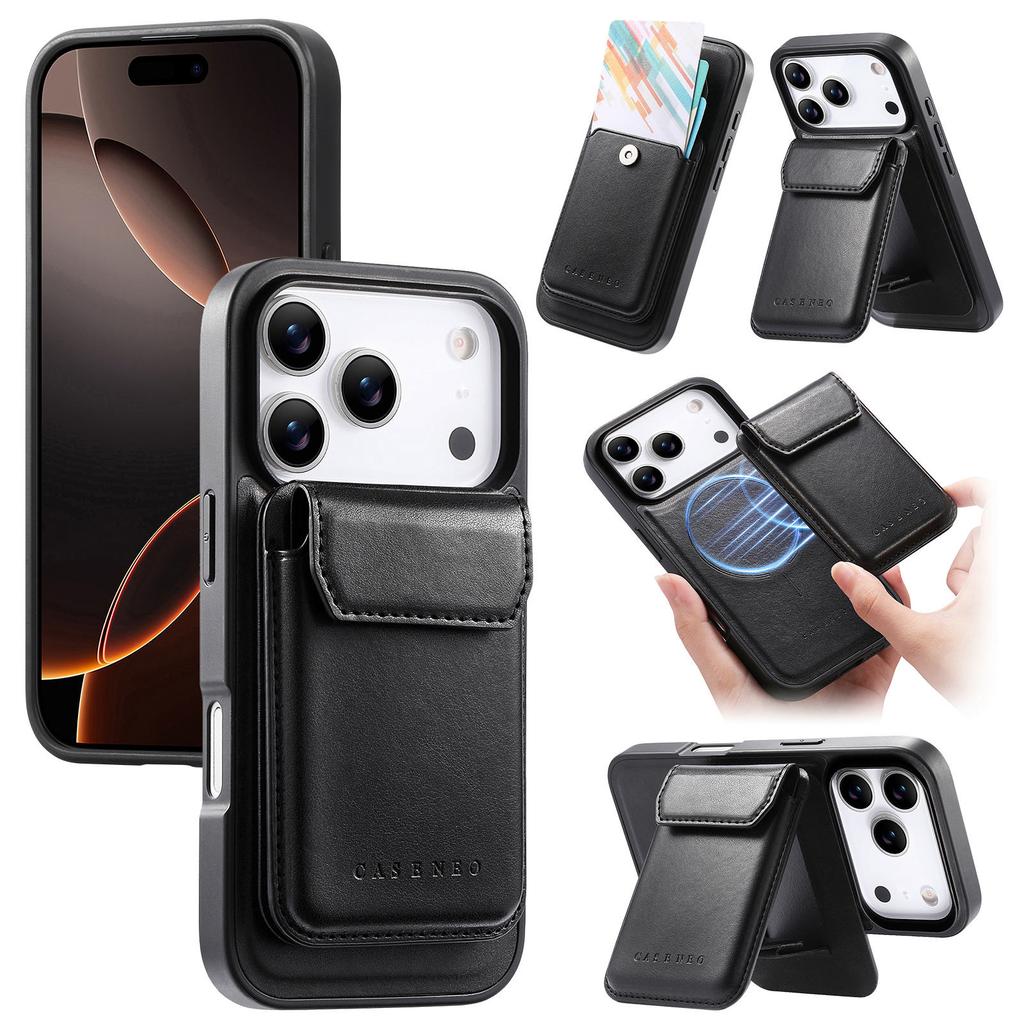 CASENEO For iPhone 17 Pro Max Magnetic Case PU Leather PC Phone Cover with Detachable Card Holder Kickstand Compatible with MagSafe
