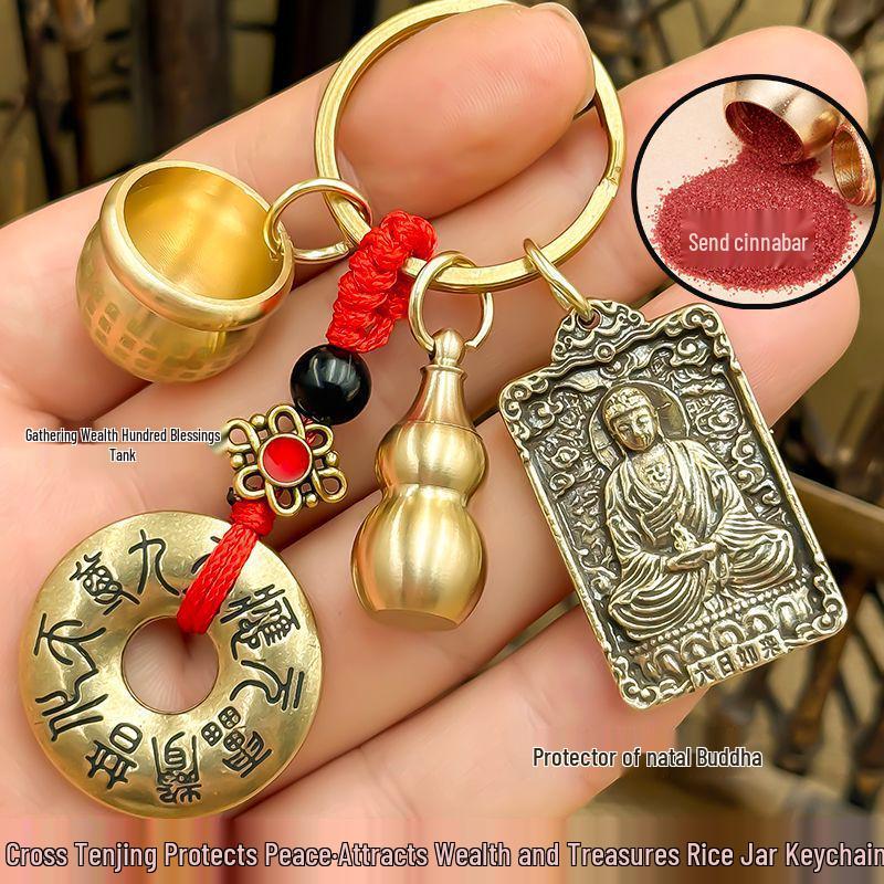 Zodiac Guardian Brass Gourd & Rosary Keychain Pendant for Wealth and Blessings