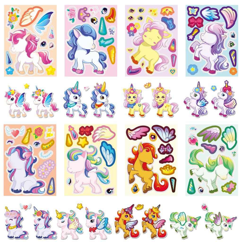 8 Models/pack of Unicorn Face Swap Set Stickers Cartoon Cute Children's Baby Puzzle Early Education Puzzle Stickers
