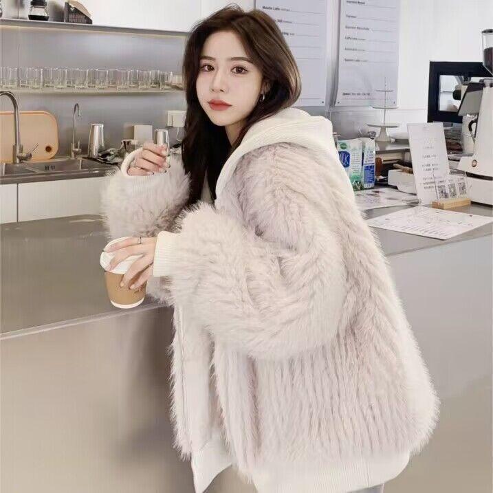 Autumn Winter Hairy Shaggy Soft Thick Warm Faux Fur Coat Women with Hood Fluffy Jacket Fake 2 Piece Clothes