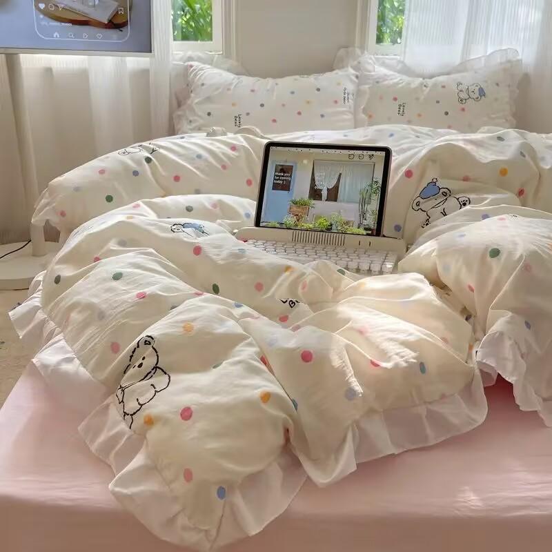 High-value Ins Lotus Leaf Lace A-type Washed Cotton Quilt Cover Skin-friendly Bed Sheet Four-piece Set Dormitory Bedding