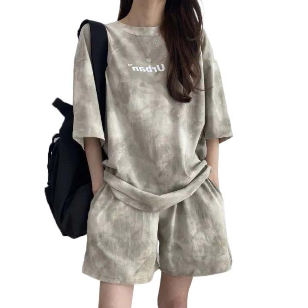 Letter Two-piece Tracksuit Large Size Summer Loose Suit Short Sleeve T-shirt Shorts  Female