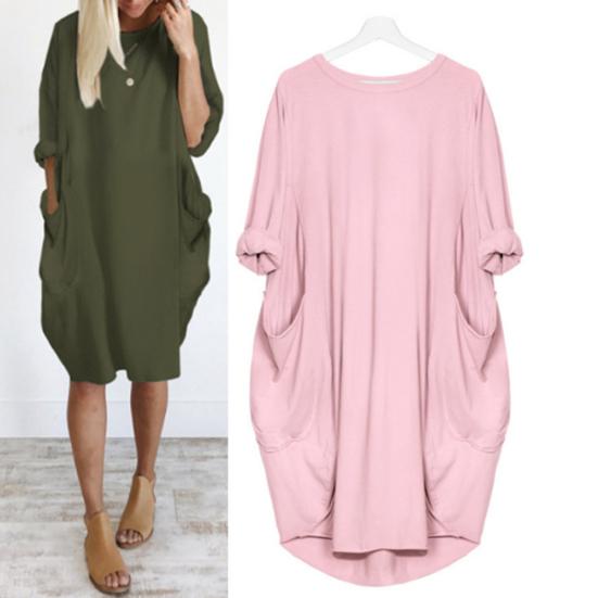 Fashion Lady Casual Solid Color Loose Round Neck Half Sleeve Pullover Midi