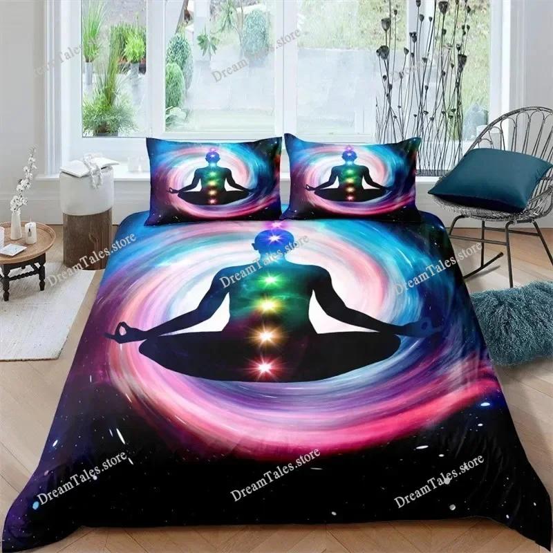 Funda nórdica de meditación de chakras bohemios, juego de cama de yoga con temática relajante, funda de edredón de loto con mandala exótico, decoración para dormitorio tamaño king