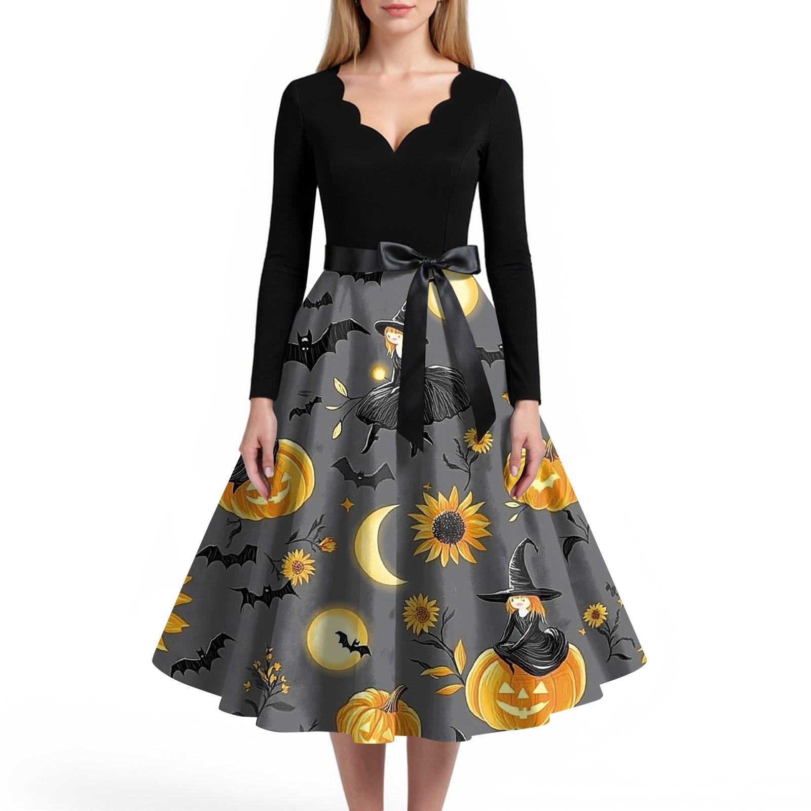 

Женское повседневное и модное платье с V-образным вырезом и длинными рукавами с принтом на Хэллоуин XXXXL жёлтый