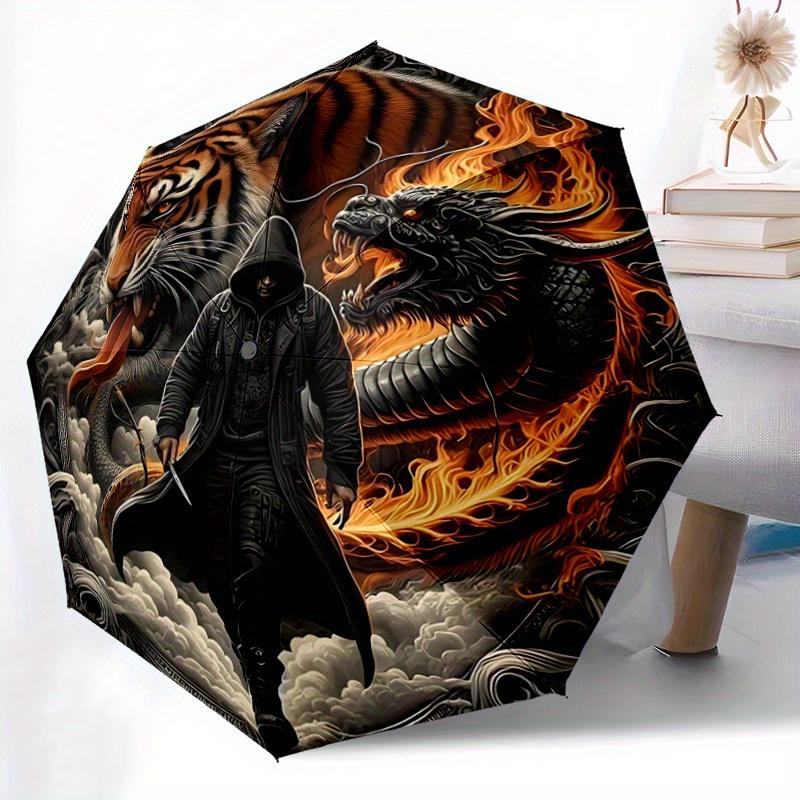 1pc Tiger and Dragon In Fiery Clouds Automatic Open/CloseUmbrella,Compact Umbrella for Men & Women Day Gift.N092