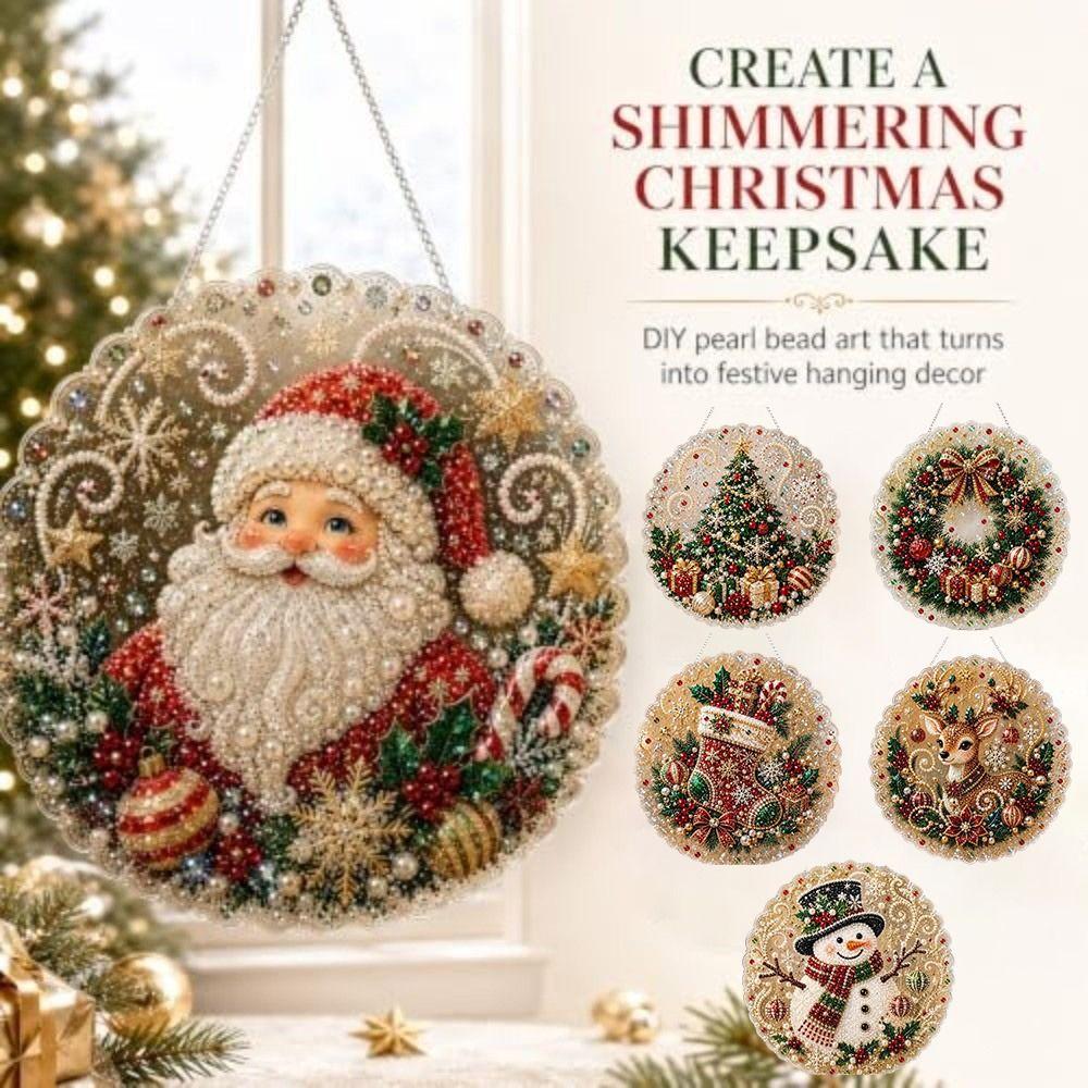 Acrylic Christmas Pearl Diamond Painting Kit Round Board DIY Craft Pearl Painting Kit with Lace Edge Christmas Hanging Ornament