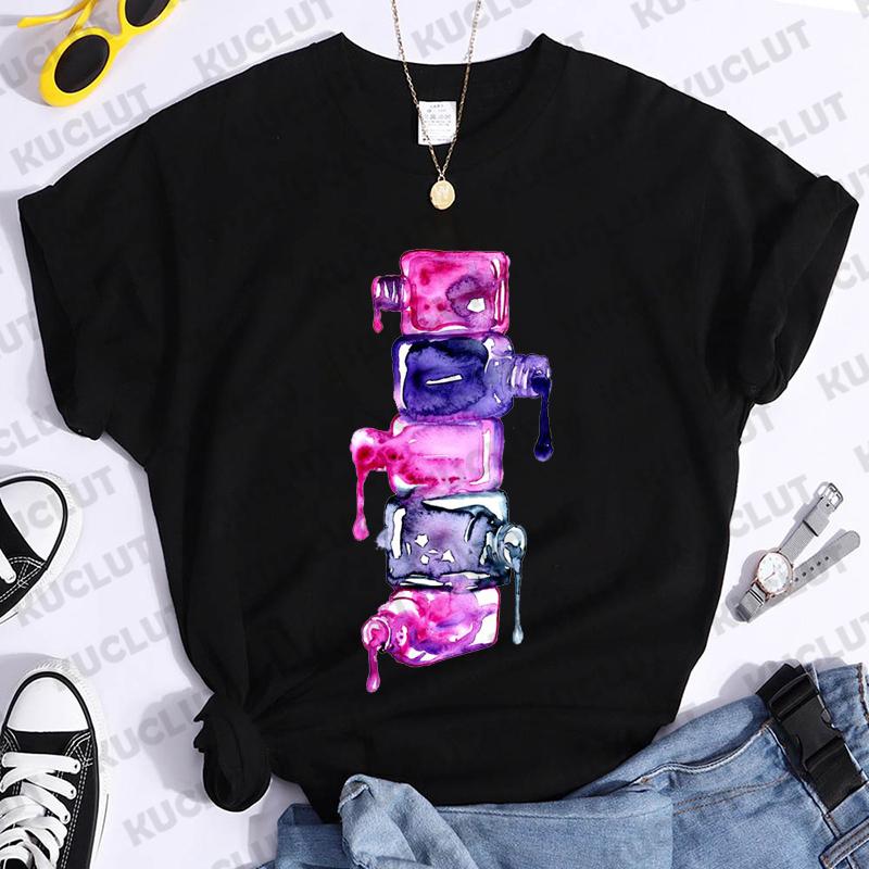 Nail Polish Print Tshirt Unisex Makeup Beauty Aesthetic Graphic T Shirt Female Tee Tops Cosmetics Black Tshirt Ladies Tee Clothes
