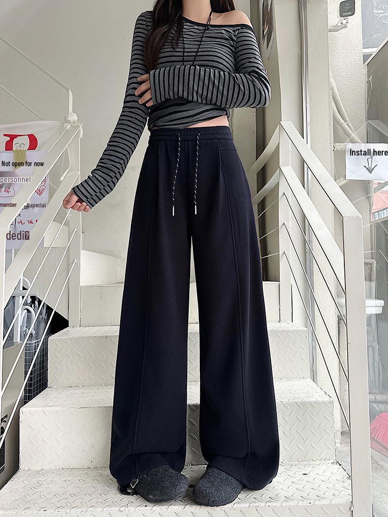 

Versatile Plus Size Fleece-Lined Wide-Leg Pants for Women - Warm, Thickened, and Drawstring Design 2XL темно-синього кольору