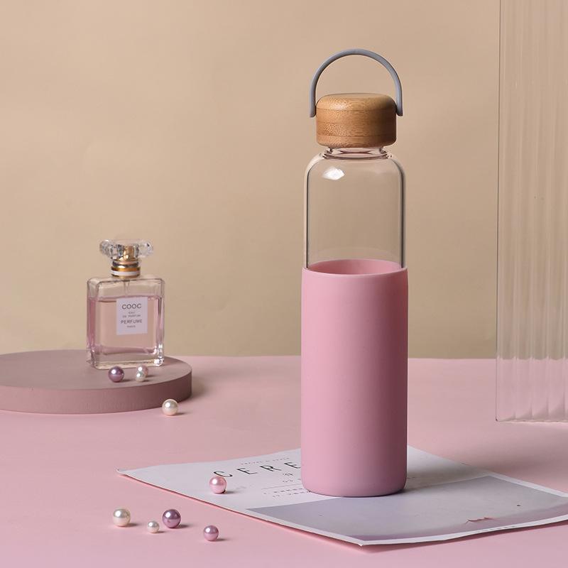 Single-Layer Glass Bottle Large-Capacity Bamboo Cover Retro Glass Thermal Insulation Portable Handle Outdoor Water Cup
