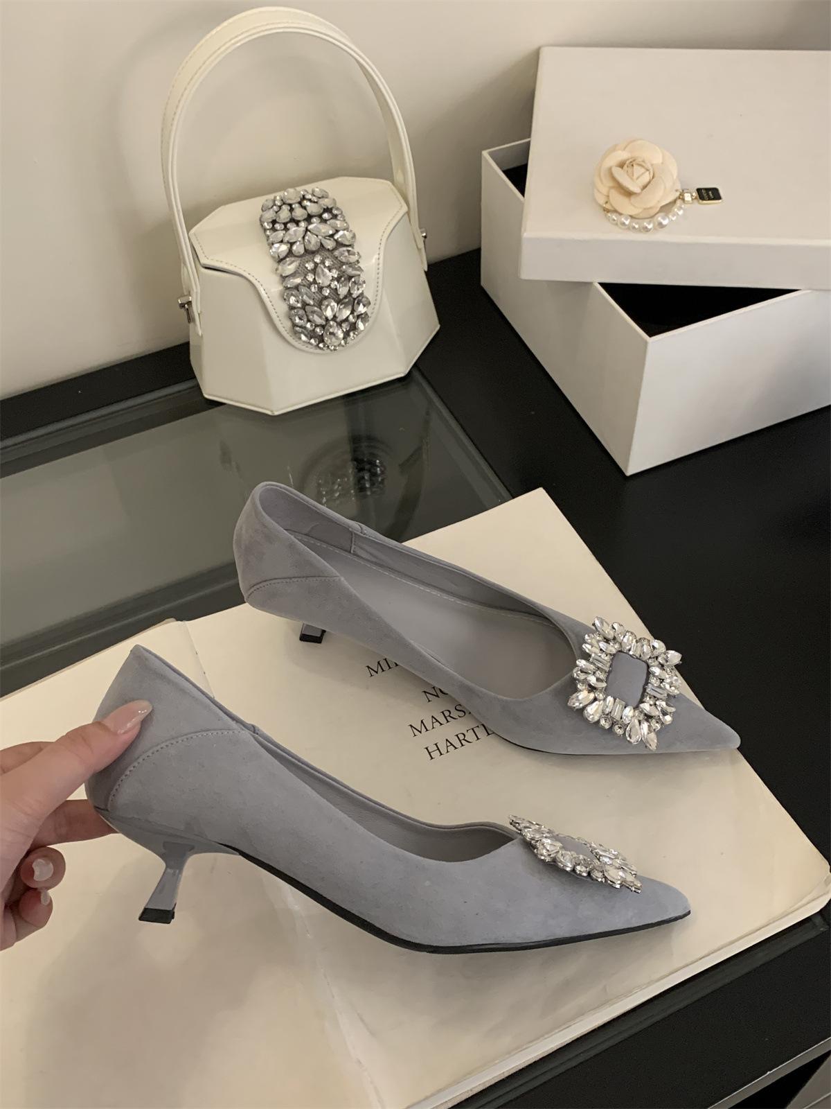 Pumps French Style Vintage Metal Buckle Women s Spring Pointed Toe Square Buckle Rhinestone Suede Thin HeelProfessionalOffice High Heel 35