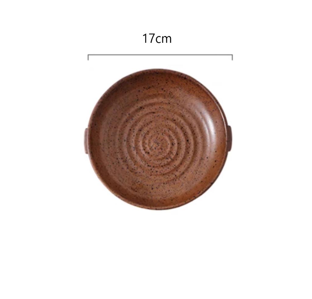 Double Ear Circular Dessert Plate Japanese Style Household Deep Plate Coarse Pottery Sushi Plate Household Tableware