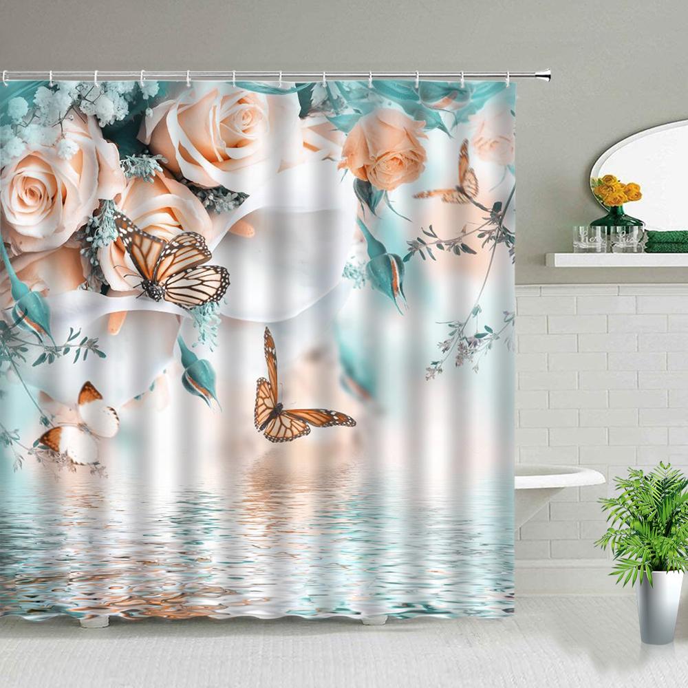 Cortina de ducha de flores blancas y mariposas rosas, estampado Floral, tela de cortina de baño de poliéster impermeable para decoración de bañera