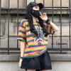 DIMANAF 2025 Summer T-shirt Women Spliced Star Printing Stripe Short Sleeve Loose Black