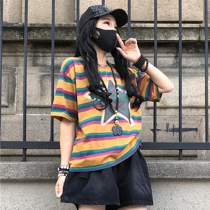 DIMANAF 2025 Summer T-shirt Women Spliced Star Printing Stripe Short Sleeve Loose Black