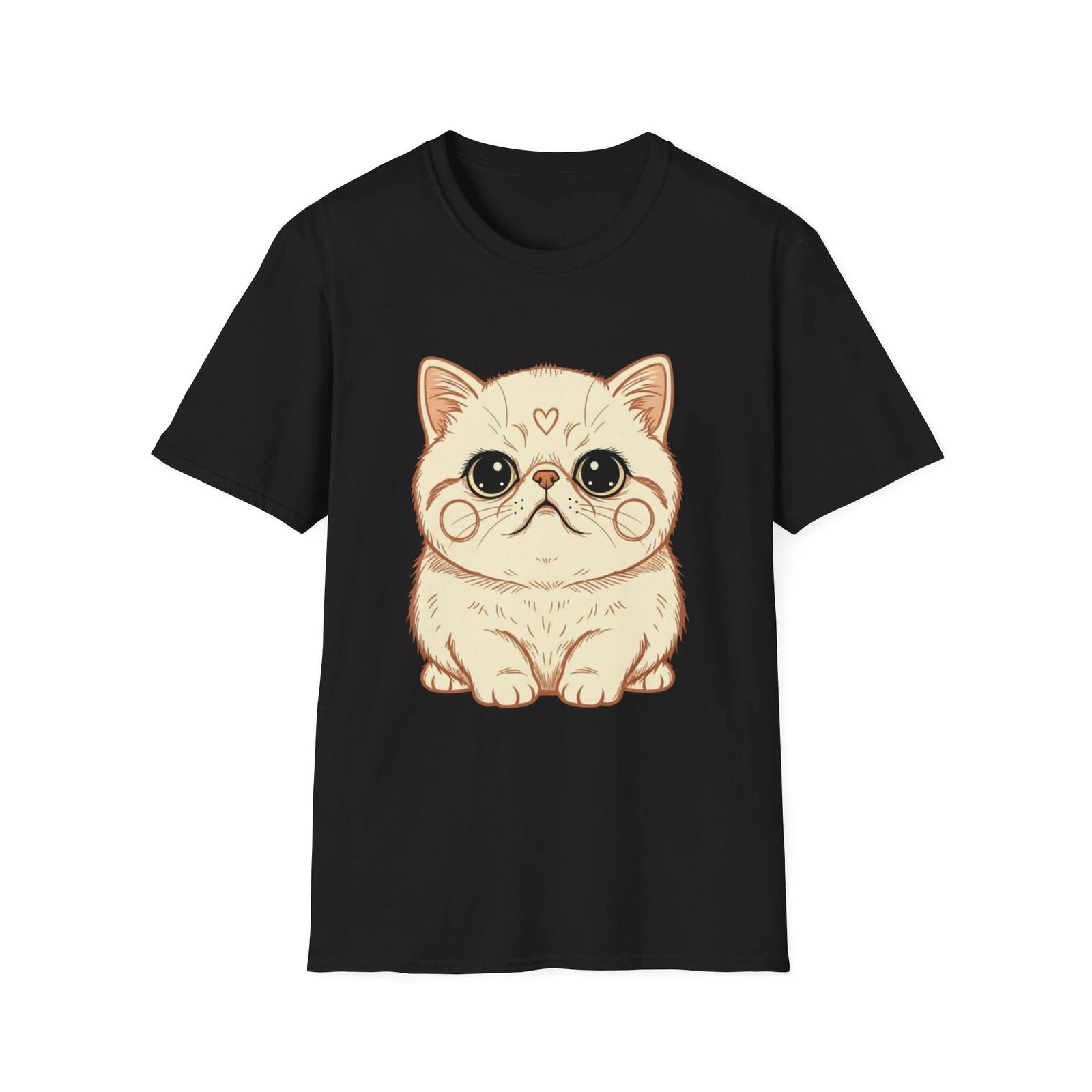 Cat Kawaii Cute Illustrated Black Tee Anime Graphic T-Shirt L