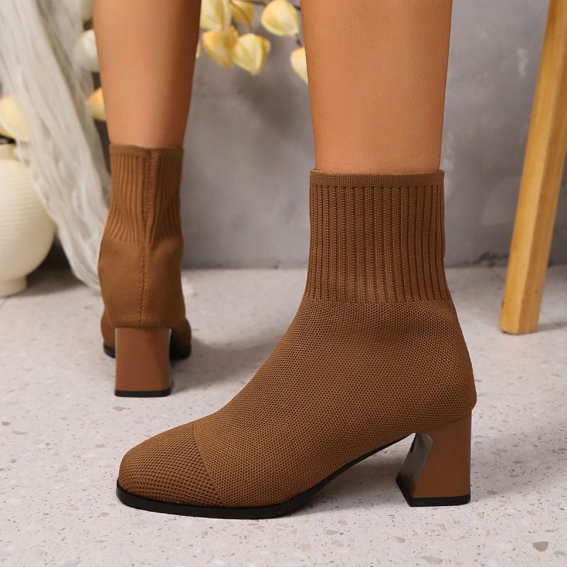 Classic Simple Solid Stretch Sock Boots Women Autumn Elegant Square Toe High Heel Booties Slip On Elastic Knitted Ankle Boots