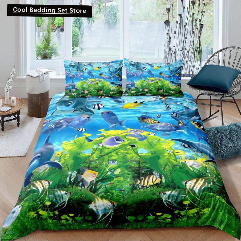 Kid Underwater World Oasis King Queen Duvet Cover Ocean Fish Coral Bedding Set Marine Life Quilt Cover Polyester Comforter Cover