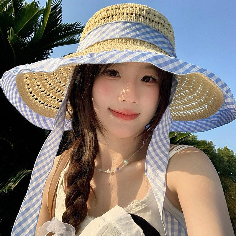 Women'S Wide-Brimmed Straw Hat Beach Sun Hat New Fashionable Sun Protection Floral Lace Bow Breathable Summer Hat