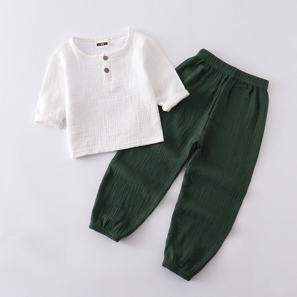 Kids' Cotton Linen Long Sleeve Set - Unisex Gauze Joggers, Loose Two-Piece for Spring/Summer