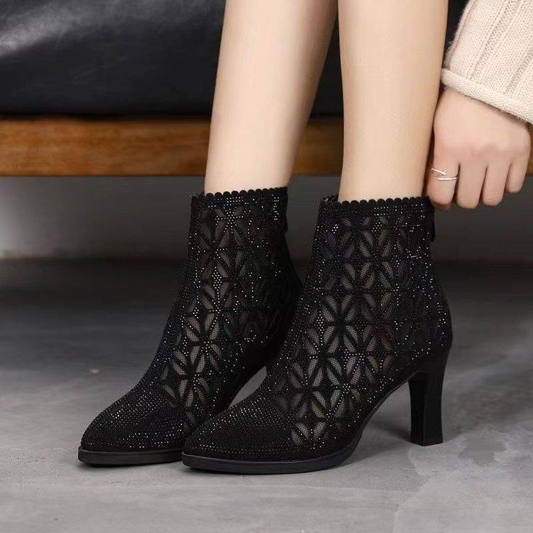 Spring and Summer High Heel Single Boots Women's Hollow Mesh Boots Thick Heel Mesh Cool Boots Martin Boots Breathable Mesh Shoes Pointed Tip