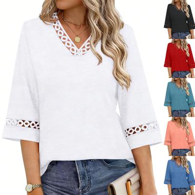Damen Frühlings Oberteile V-Ausschnitt Hohlmuster Sommerhemden für Damen Lässiger Lockere Passform Damen Sommerhemden 3/4 Ärmel