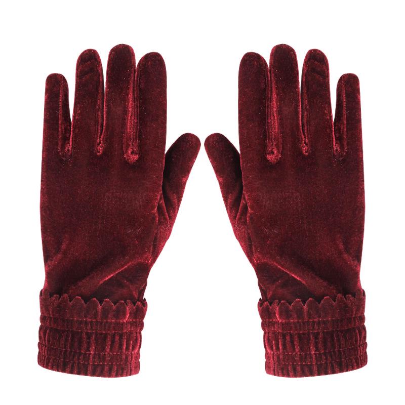 Women's Gold Velvet Etiquette Gloves - Knitted Warm Five-Finger Design for Autumn and Winter
