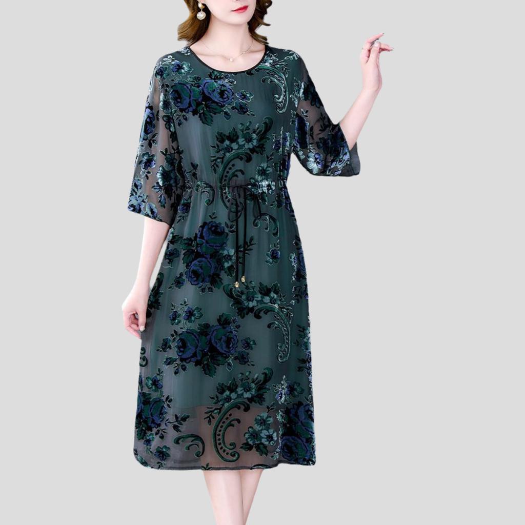 High-end Women's Velvet Dress Long Silk Dress Loose Floral A-Line Dress Spring Autumn