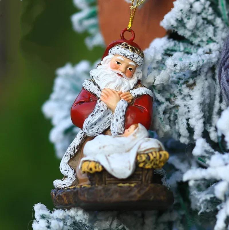 Christmas Party Decoration Hanging Ornaments Resin Hugging Santa Claus Figurines Mini Santa Pendant Xmas Tree Home Decor Supplie