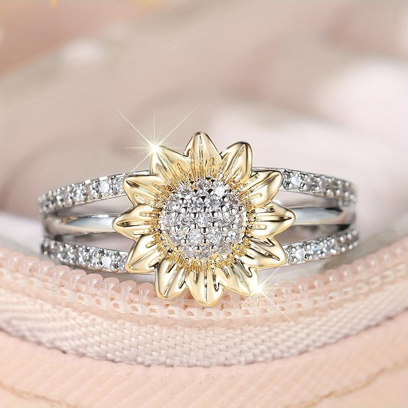 Summer small fresh flower index finger ring, exquisite sunflower full diamond super flash two-color ring, popular