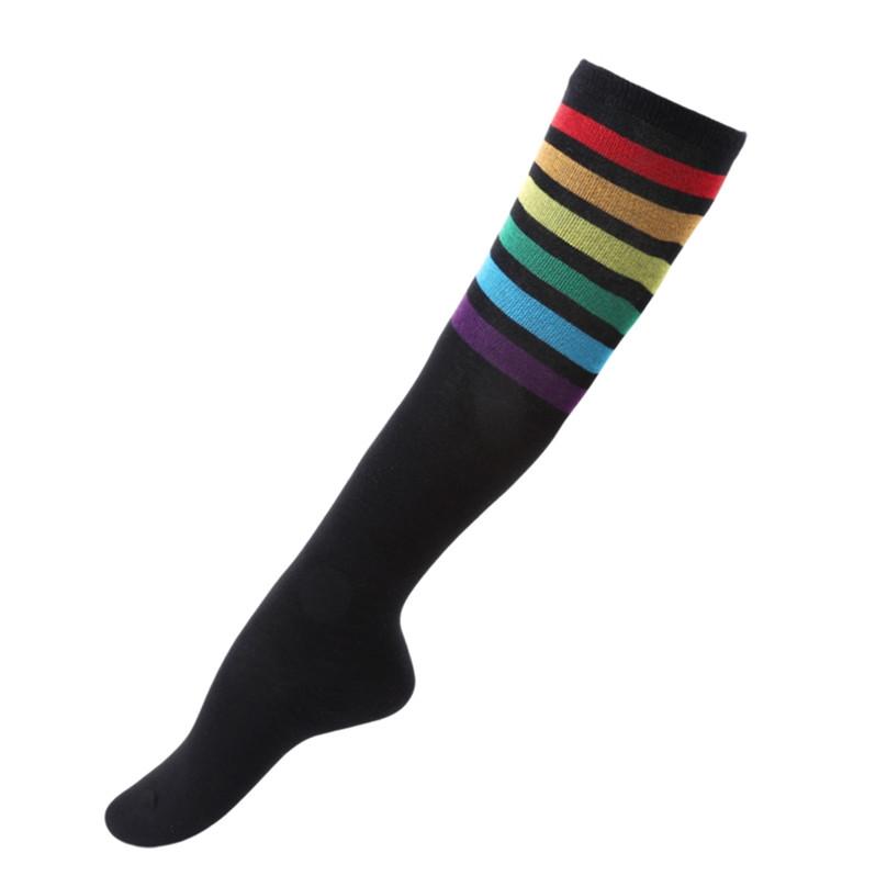 1Pair Girls Thigh High Socks Over Knee Rainbow Stripe Football Socks