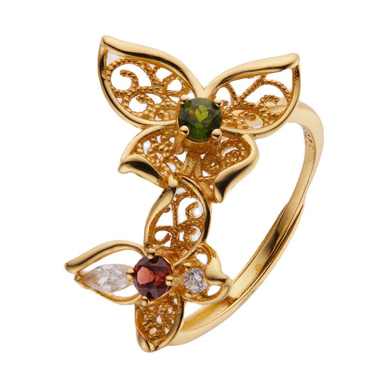 

S925 Sterling Silver Inlaid Natural Diopside Garnet Colored Treasure Ring Female Personality Hollow Butterfly Open Ring