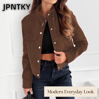 JPNTKY Γυναικεία Vintage Casual Μονόχρωμα Εκτύπωση Καλοκαίρι Άνοιξη Μακρυμάνικα Πόλο Λαιμόκοψη Μπουφάν & Παλτό