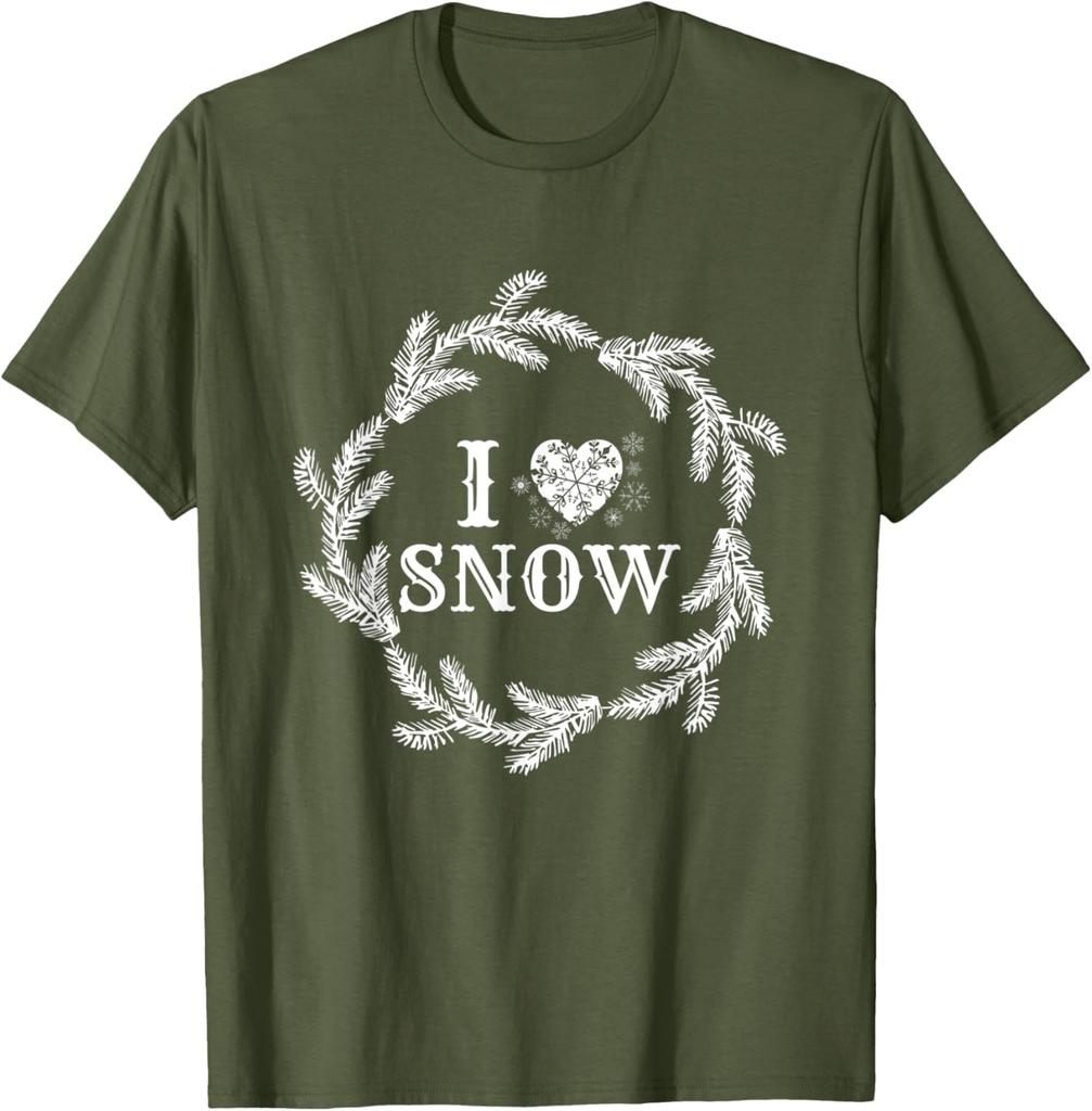 I Love Snow Wreath Winter Snowflake Graphic TShirt Casual Short Sleeve Tee