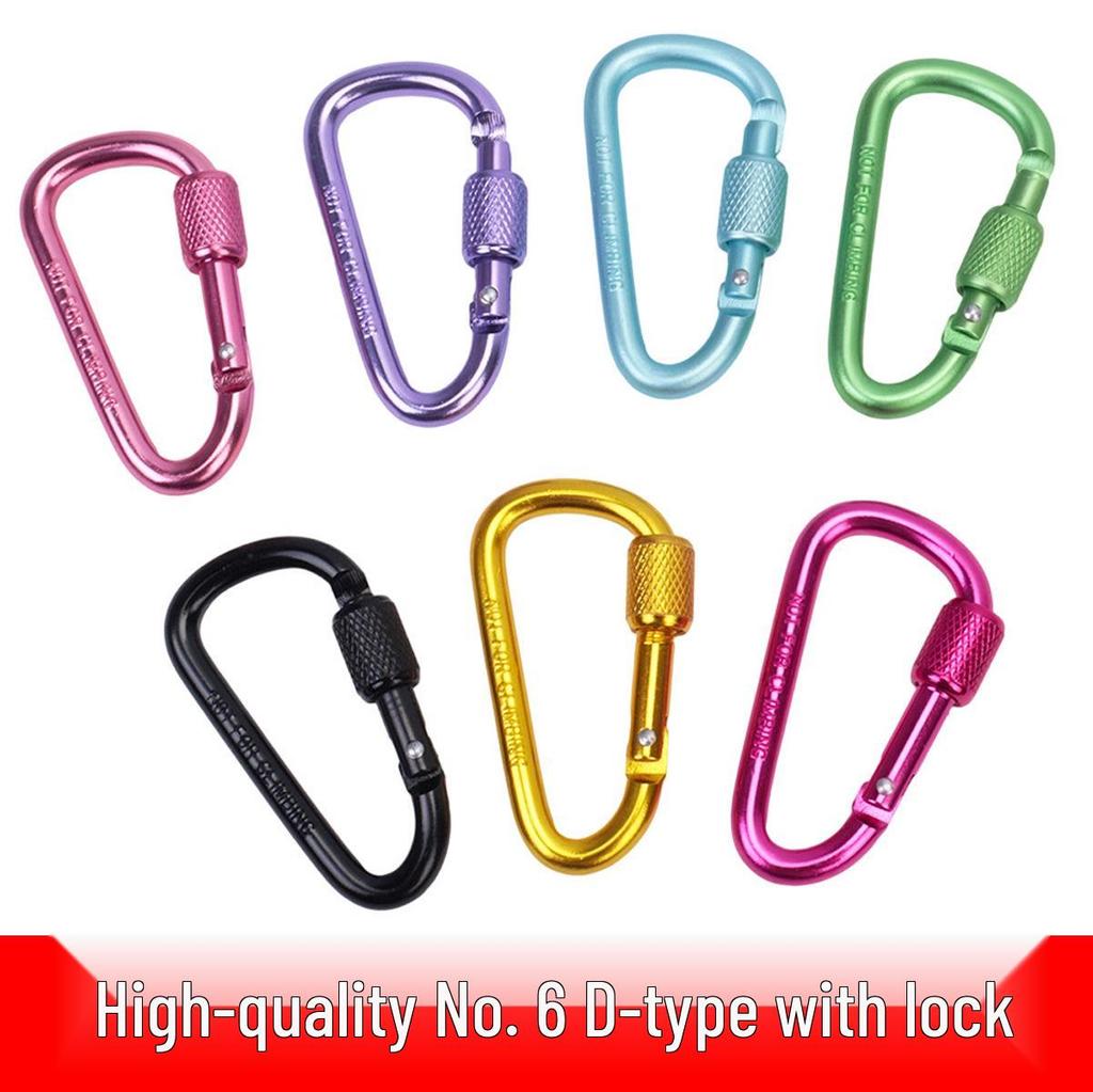 D-Shaped Locking Aluminum Carabiner No. 6 with Keyring for Backpack and Rope