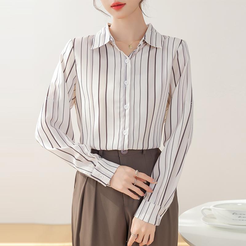 Women Blouses Shirts Long Sleeve Women Blouse Shirt Office Lady Turn Down Collar Striped Chiffon Blouse Shirt Women Tops J911