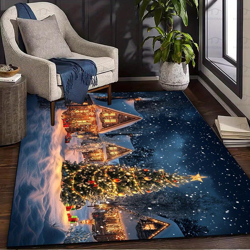 Christmas Snow Night Carpet Christmas Tree Snow Scene Cottage Living Room Bedroom Holiday Decorations