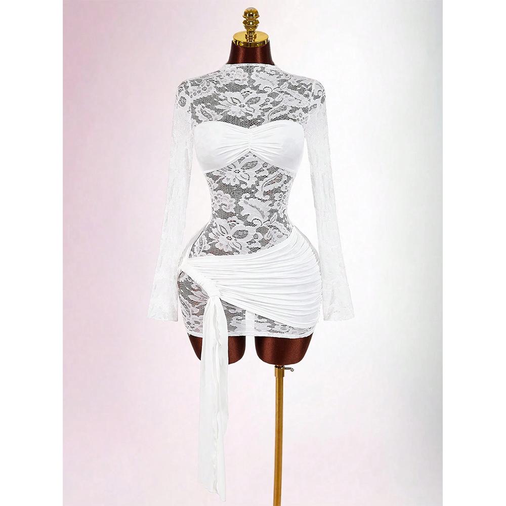 Women s Floral Lace Sheer Long Sleeve Dress Ruched Knot Mock Neck Bodycon Dresses S белый