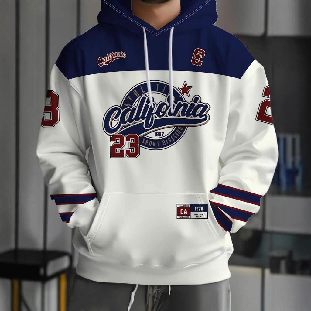 Męska bluza z kapturem Retro z nadrukiem 3D - California Sport Division, Niebiesko-biały Color Block Modny Design