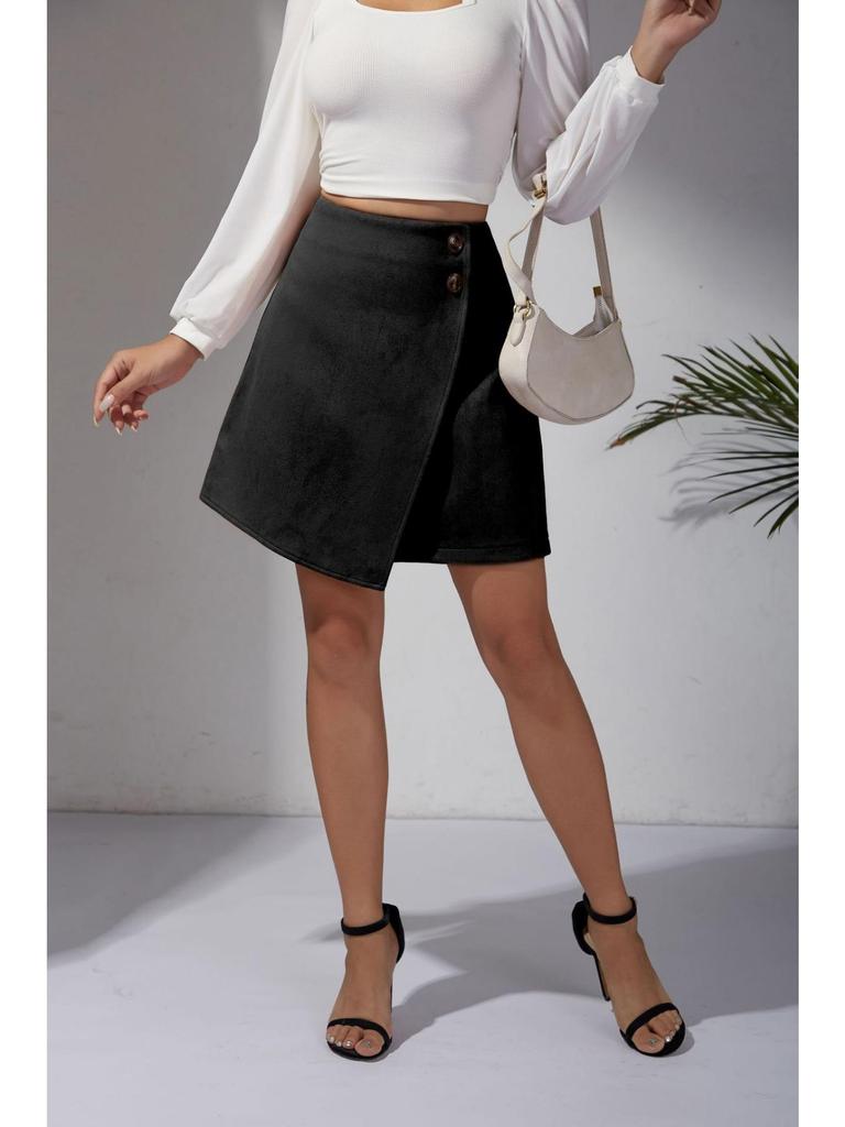 Suede Irregular Skirt Solid Color High-waisted Zipper Button Skirt Women
